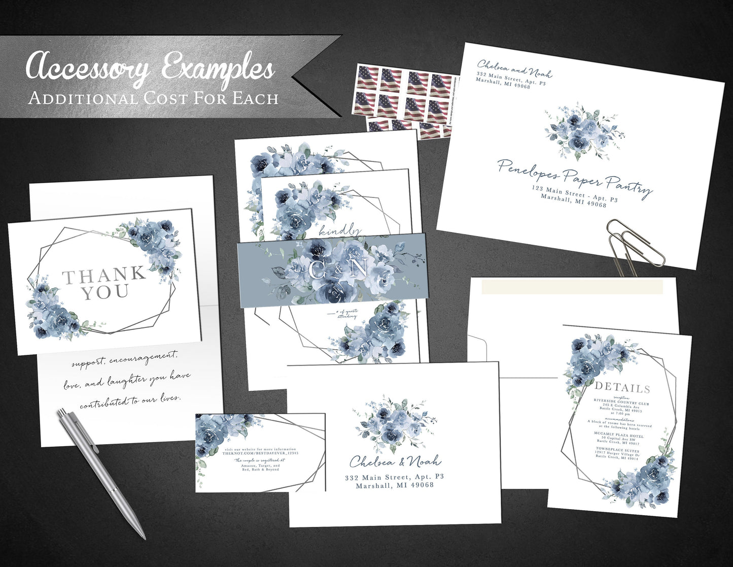 Elegant Dusty Blue Floral Summer Wedding Invitation Personalized Geometric Frame Silver Foil Printed Invitations Envelopes Included Unique
