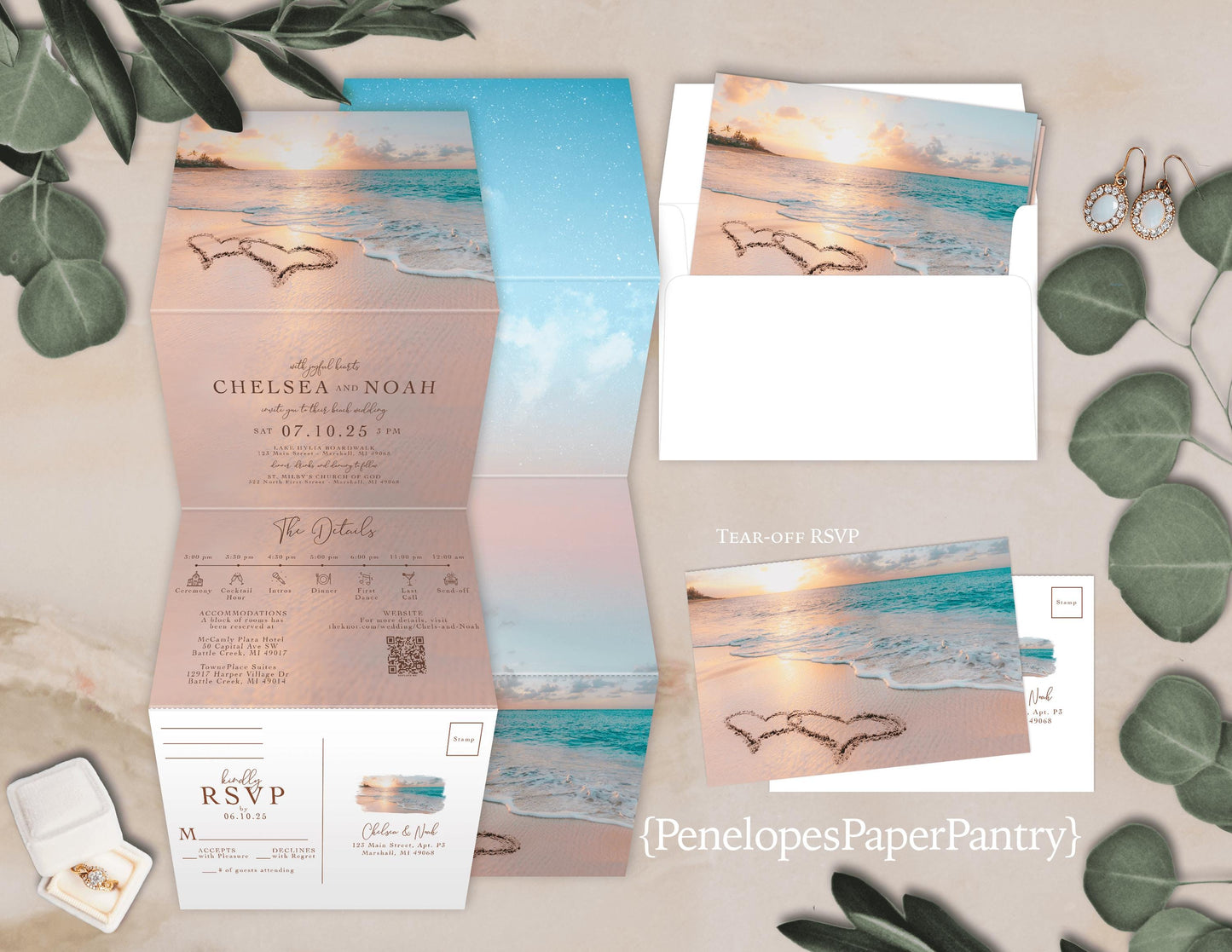 All in One Beach Sand Scene Folded Wedding Invitation with Tear-Off RSVP