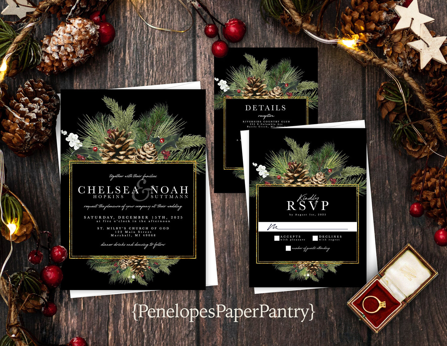 Elegant Rustic Winter Wedding Invitation – Pine Branches & Gold – Shimmery Black Custom Printed Invite with Envelopes
