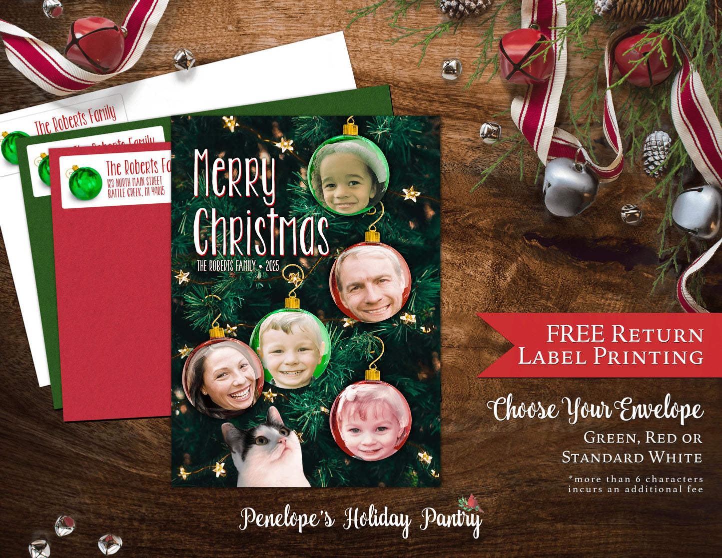 Funny Christmas Family Photo Ornament Card – Personalized Keepsake with Printed Cards, Envelopes & Return Address Labels Included