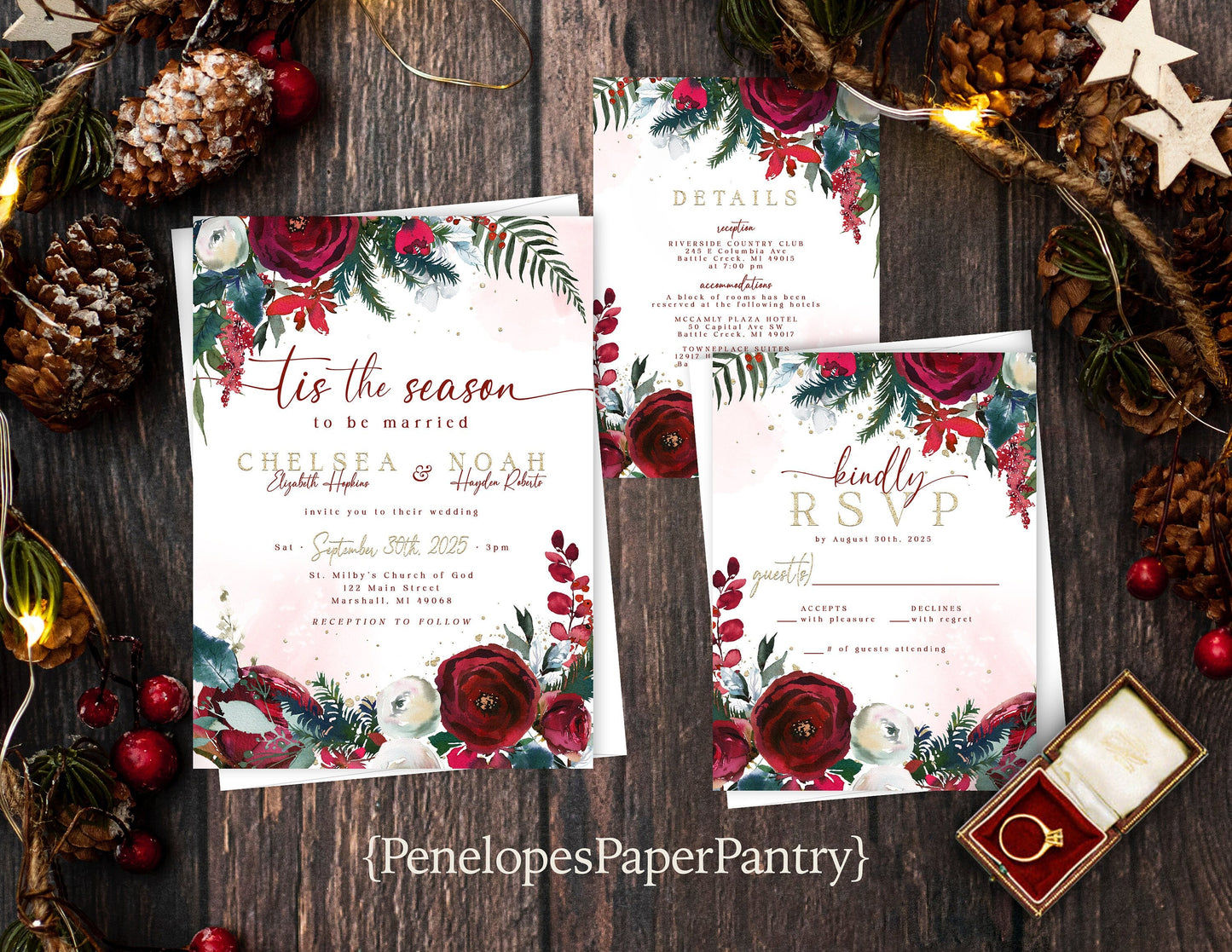 Elegant Floral Christmas Wedding Invitation Personalized Red Green Tis The Season To Be Married Shimmery Printed Invitations With Envelopes
