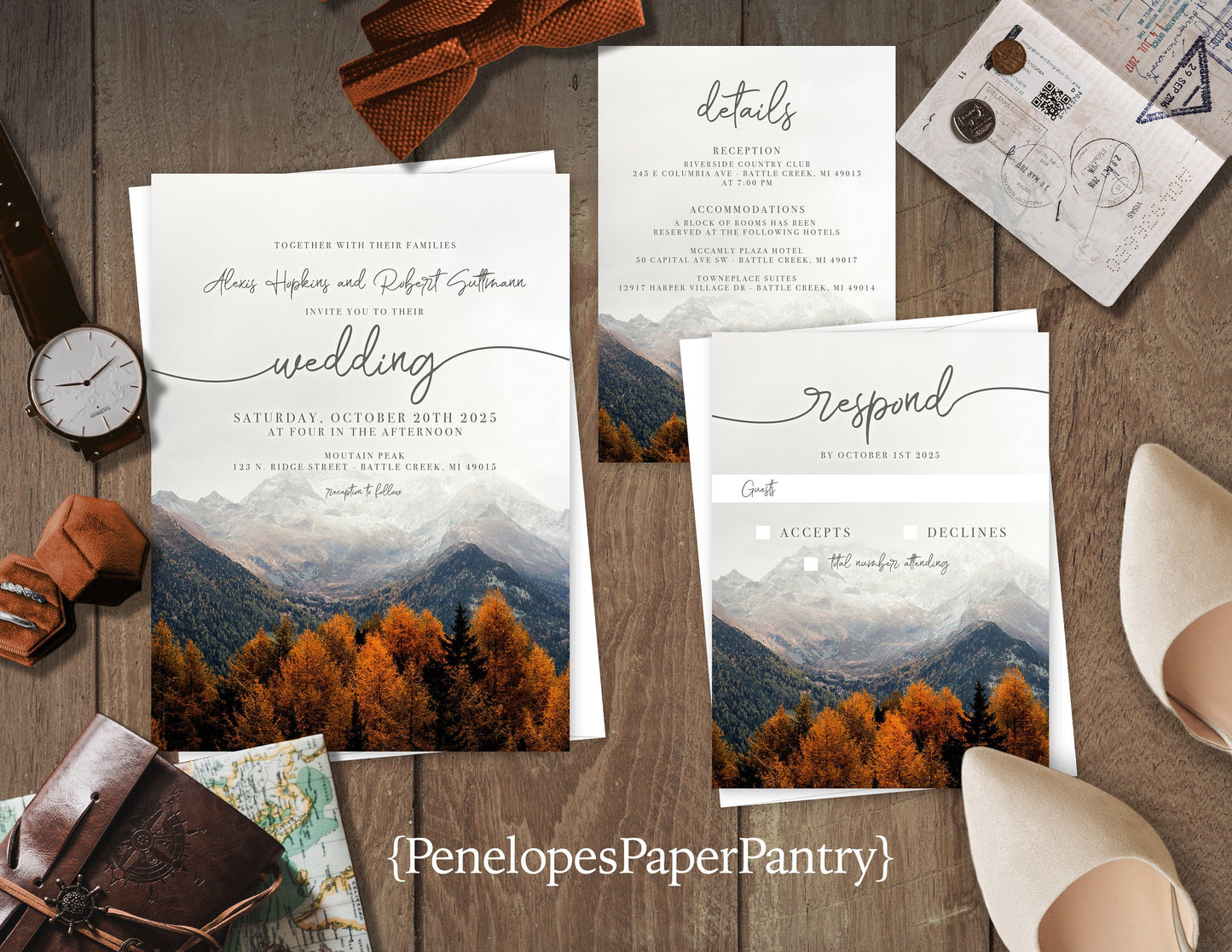 Romantic Fall Mountain Wedding Invitation – Personalized Burnt Orange Autumn Forest Design with Calligraphy – Printed with Envelopes Included