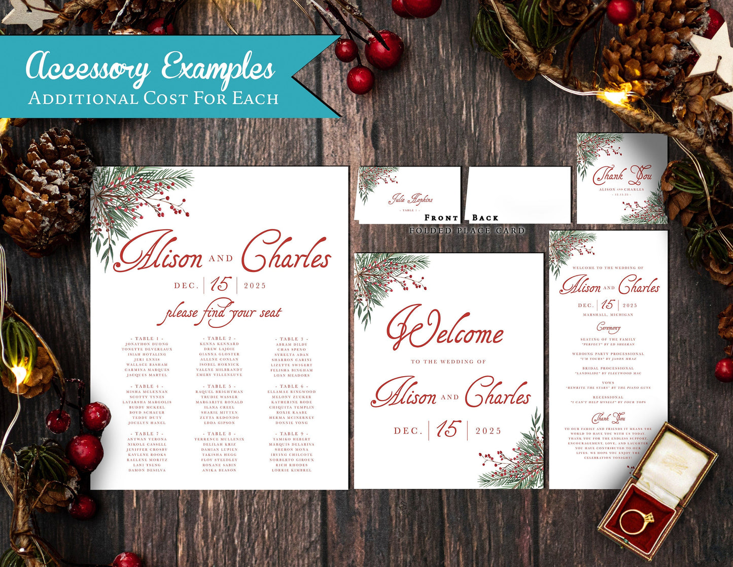 Simple Elegant Christmas Wedding Invitation – Green & Red Calligraphy, Shimmery Custom Text, Printed with Envelopes Included