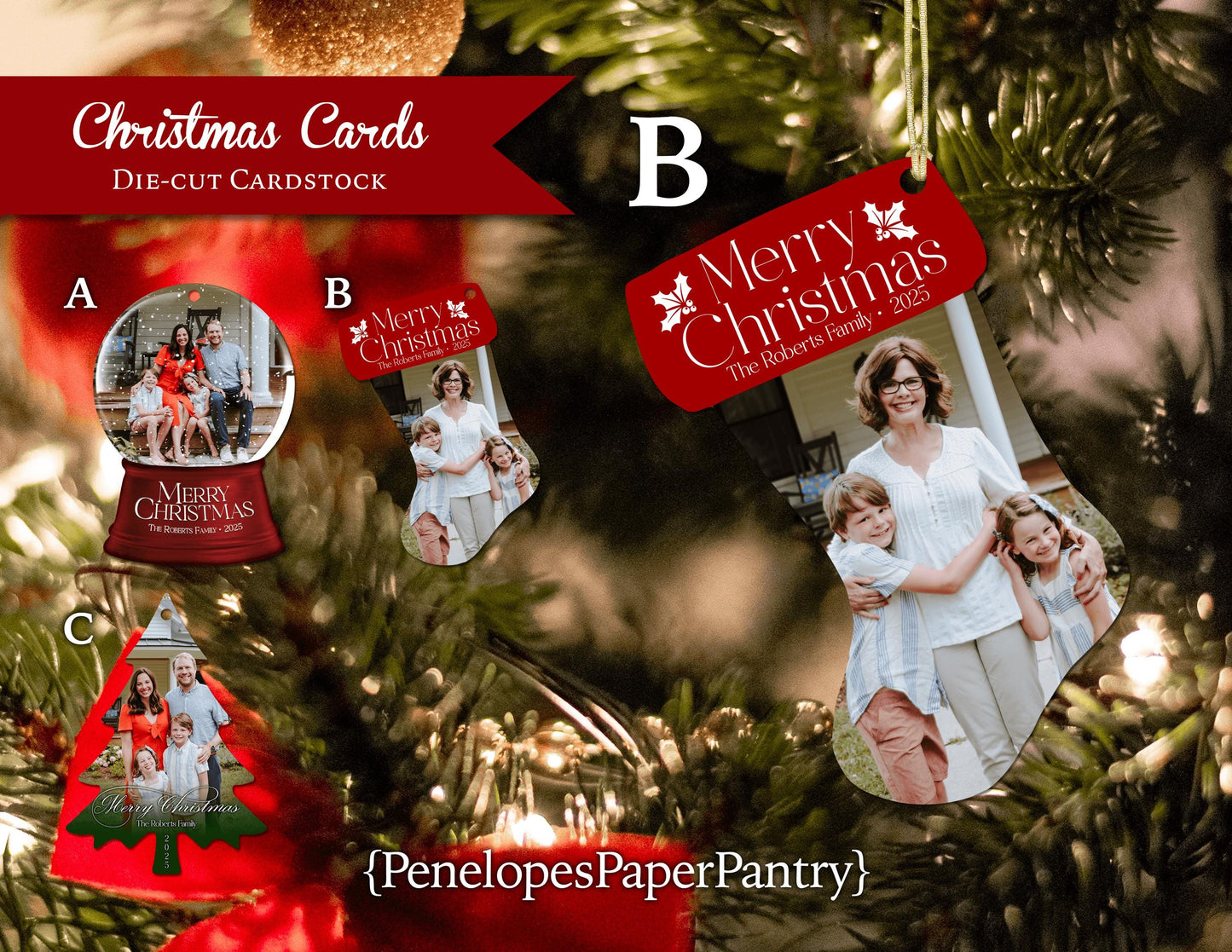 Unique Die Cut Christmas Photo Card Ornament | Personalized Holiday Keepsake with Envelopes