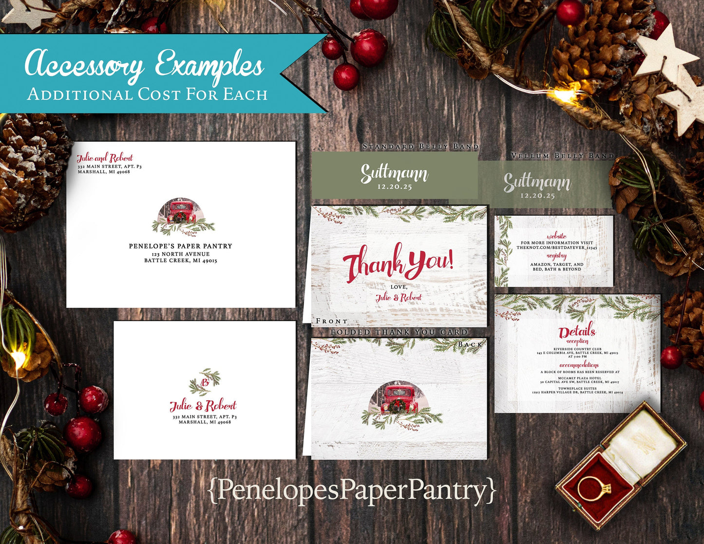 Rustic Winter Wedding Invitation – Vintage Red Truck, White Barn Wood, Wreath, Snow, Custom Printed with Envelopes Included