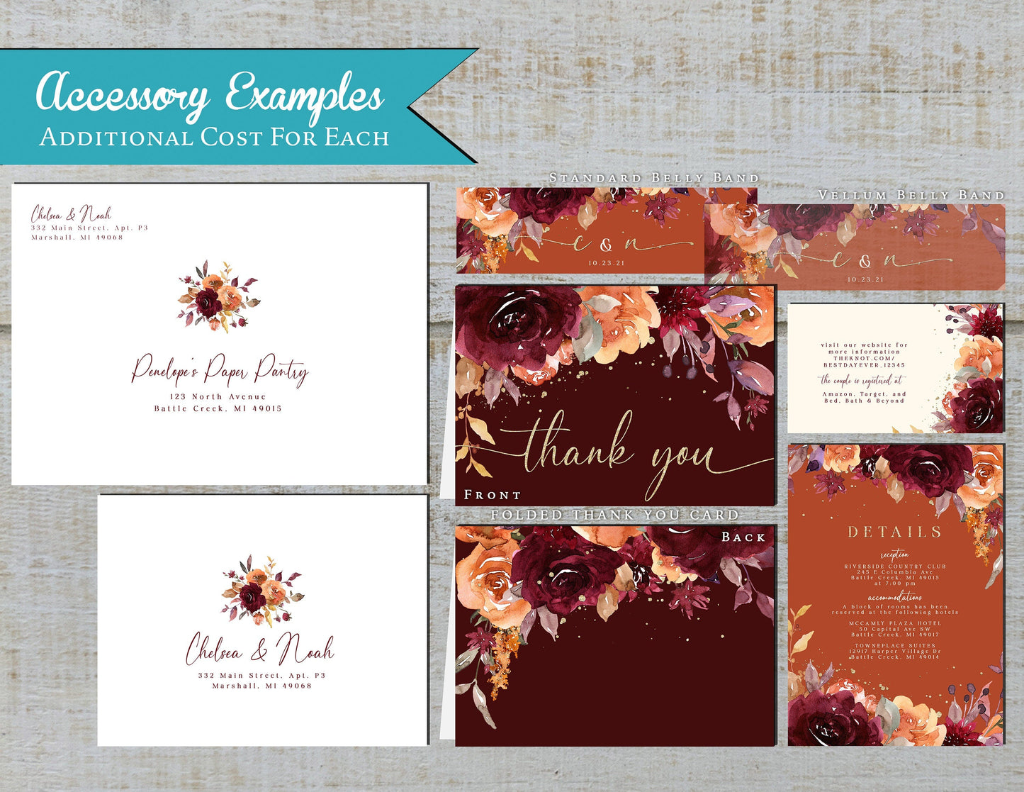 Elegant Fall In Love Floral Wedding Invitation Personalized Burgundy Burnt Orange Ivory Gold Print Shimmery Printed Invitation Envelope Included