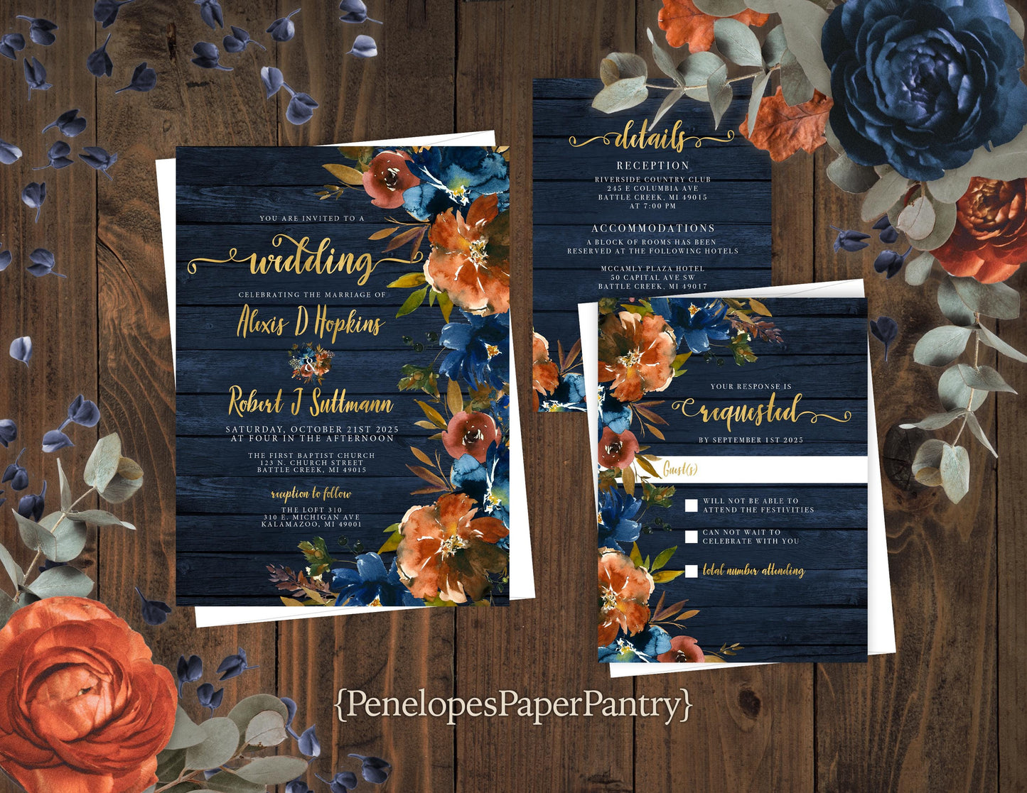 Rustic Navy Floral Fall Wedding Invitation – Barn Wood, Turquoise & Burnt Orange – Personalized Shimmery Gold Printed Invite with Envelopes