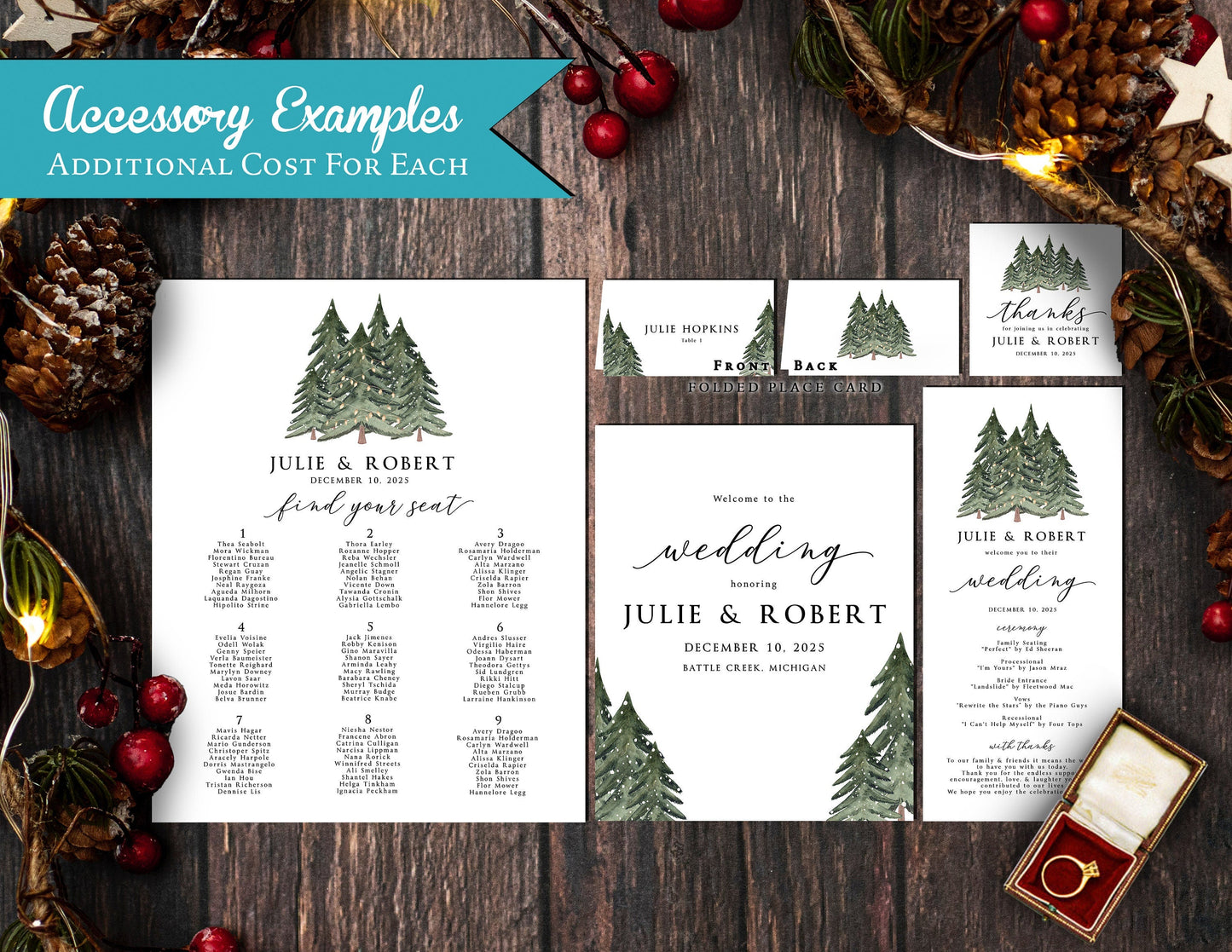 Minimalist Winter Wedding Invitation – Snow-Covered Pine Trees, Christmas Lights, Dark Green Calligraphy, Custom Printed with Envelopes Included