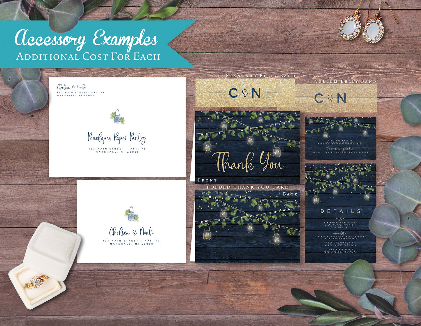 Rustic Summer Wedding Invitation,Summer Wedding Invite,Mason Jar Lights,Greenery,Navy Barn Wood,Personalize,Printed Invitation,Envelope
