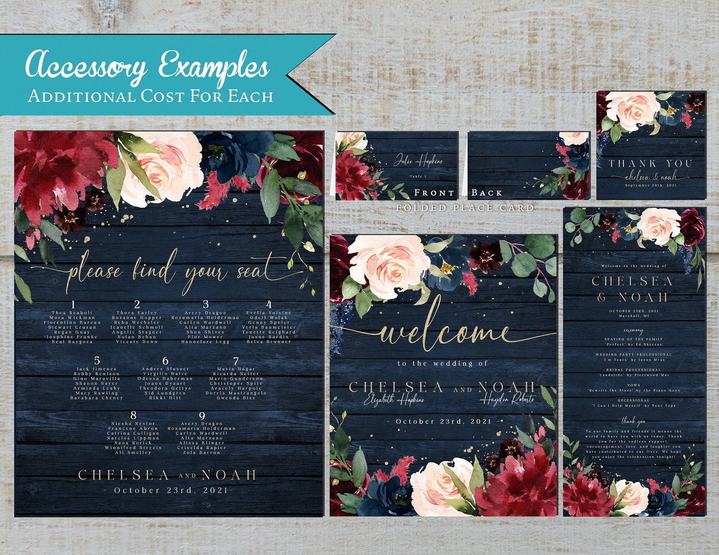 Rustic Navy Floral Fall Wedding Invitation – Burgundy Marsala Blush & Gold – Personalized Barn Wood Shimmery Printed Invite with Envelopes