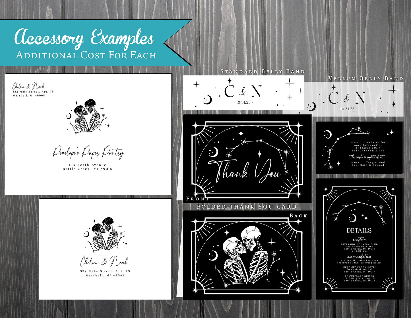 Halloween Wedding Invitation – Skeleton Couple Gothic Black & White – Personalized Spooky Printed Invite with Envelope Included