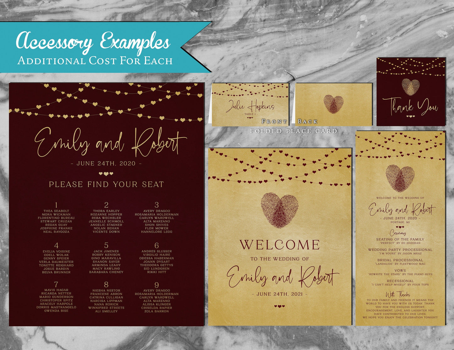 Burgundy Thumbprint Heart on Metallic Gold Paper Traditional Wedding Invitation, Sets, or Suite