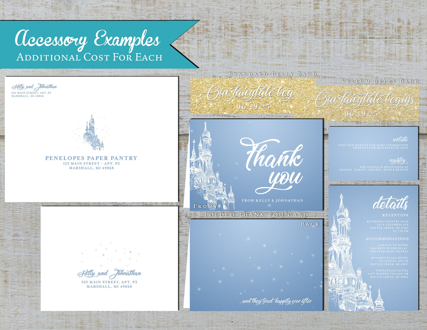Elegant Fairy Tale Wedding Invitation Personalized Castle Cinderella Blue Happily Ever After Shimmery Printed Invitations Envelopes Included