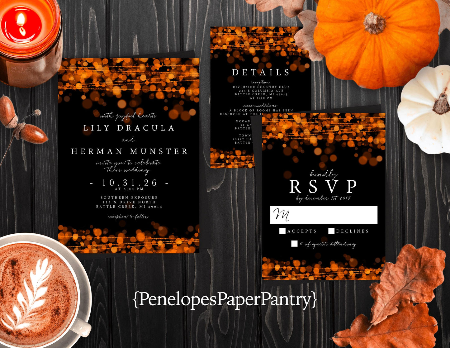 Elegant Halloween Wedding Invitation – Black & Orange Bubble Lights – Personalized Shimmery Printed Invite with Envelopes
