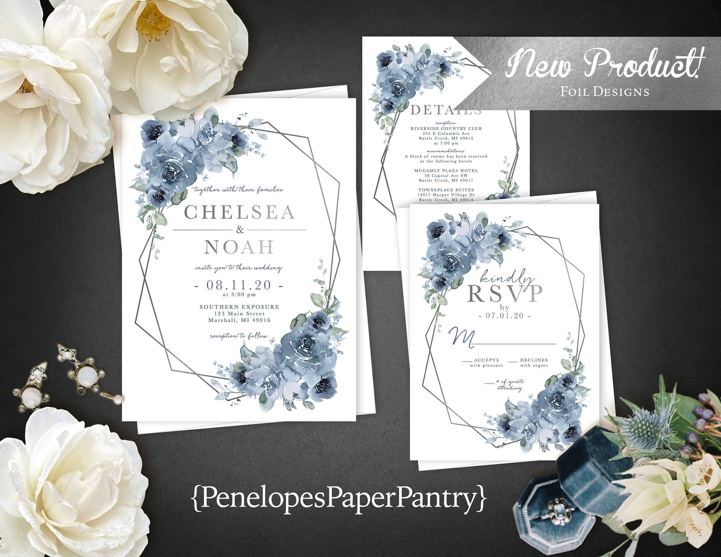 Elegant Dusty Blue Floral Summer Wedding Invitation Personalized Geometric Frame Silver Foil Printed Invitations Envelopes Included Unique