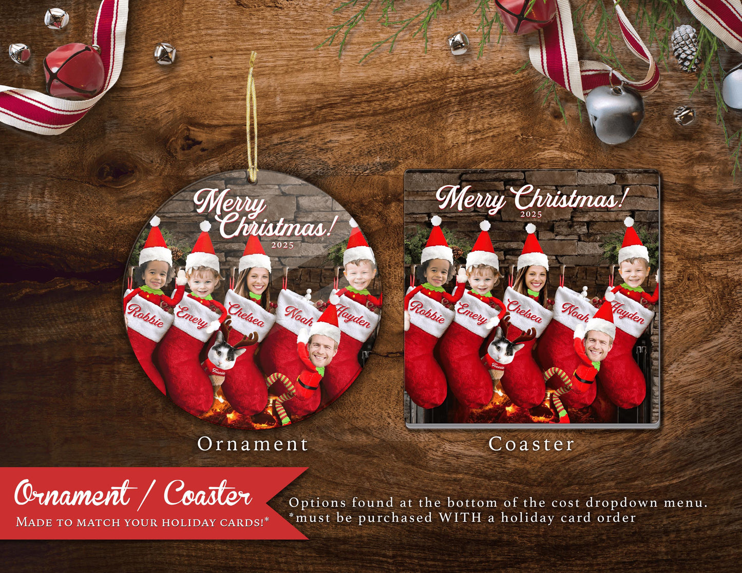 Personalized Funny Elf Christmas Photo Card with Elves in Stockings Fireplace - Includes Printed Cards Envelopes Return Address Label