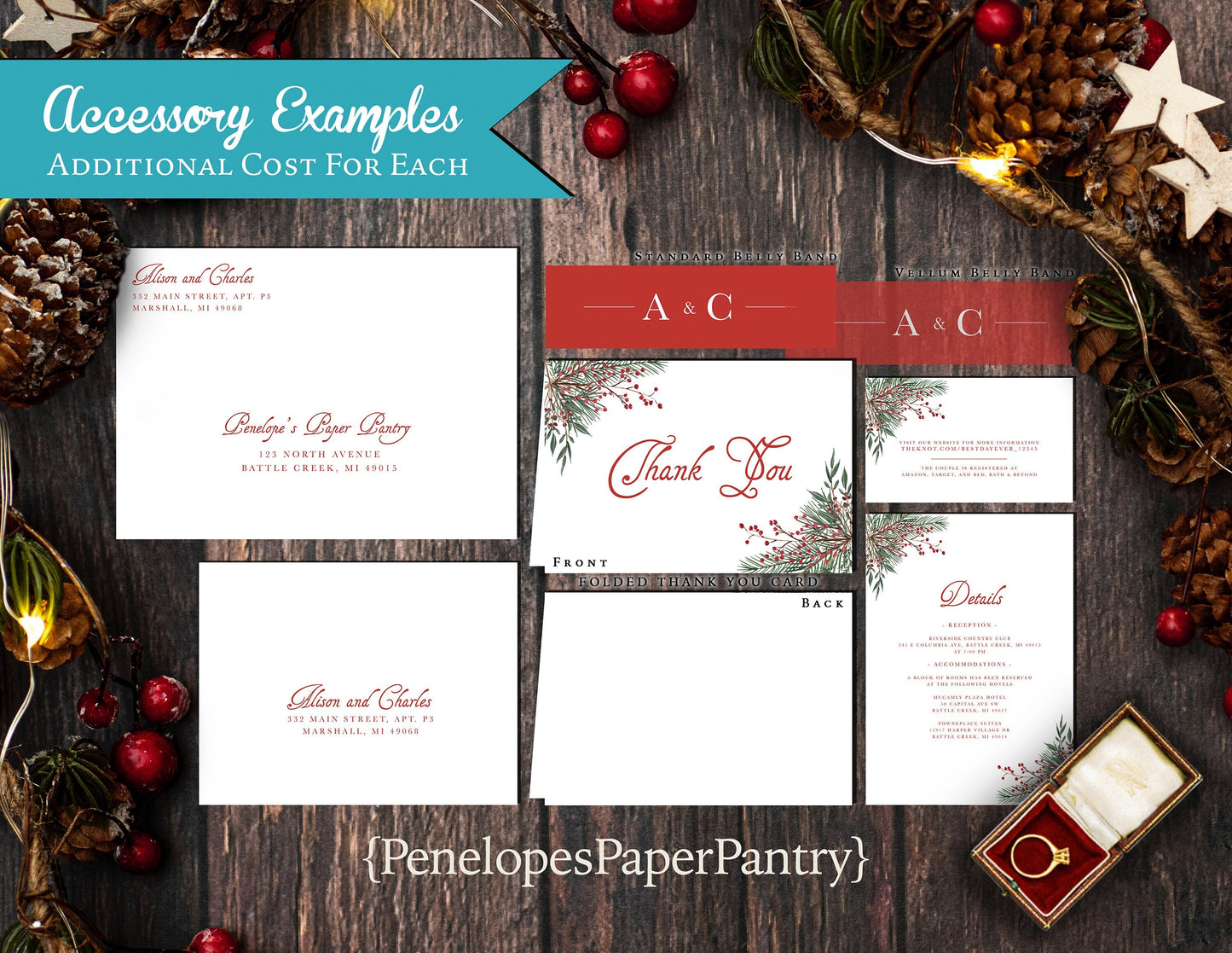 Simple Elegant Christmas Wedding Invitation – Green & Red Calligraphy, Shimmery Custom Text, Printed with Envelopes Included