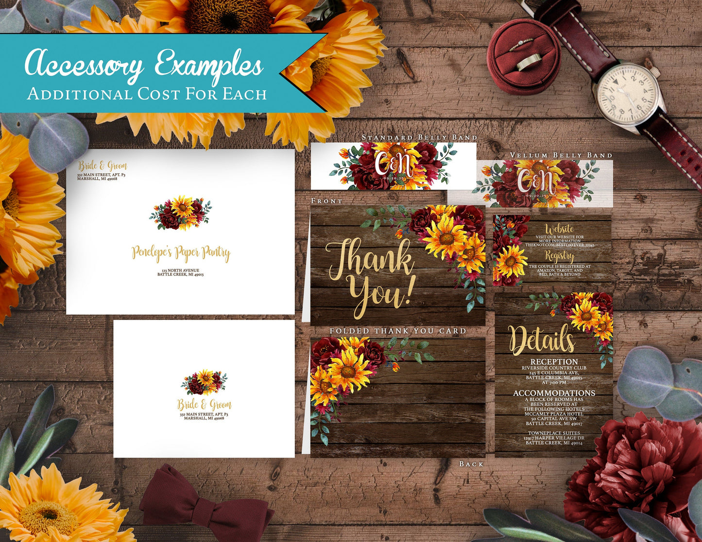 Rustic Fall Wedding Invitation Personalized Sunflowers Burgundy Roses Barn Wood Gold Calligraphy Shimmery Custom Text Printed Invitations Envelopes Included