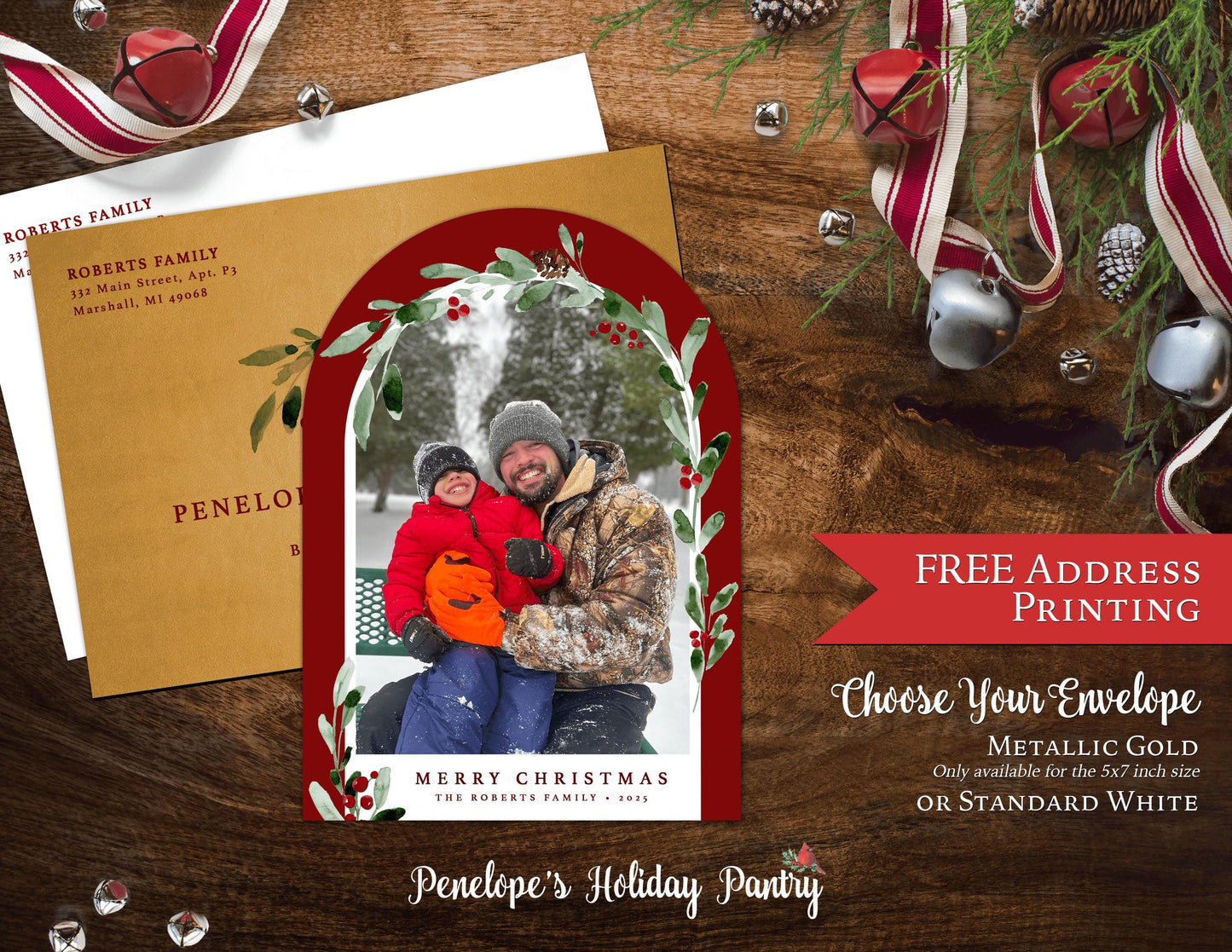 Unique Christmas Family Photo Card Personalized Arch Shape Red Green Mistletoe Custom Text Printed Card Envelope Included FREE Address Print