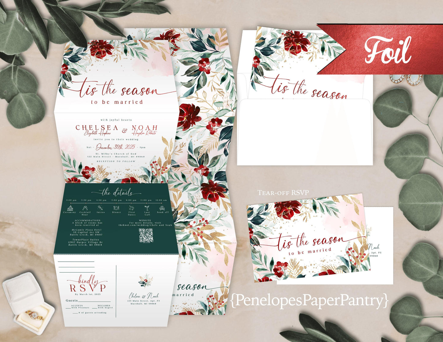 All-In-One Christmas Wedding Invitation – Red Foil & Green – Personalized Double-Sided Invite with Perforated RSVP & Envelopes