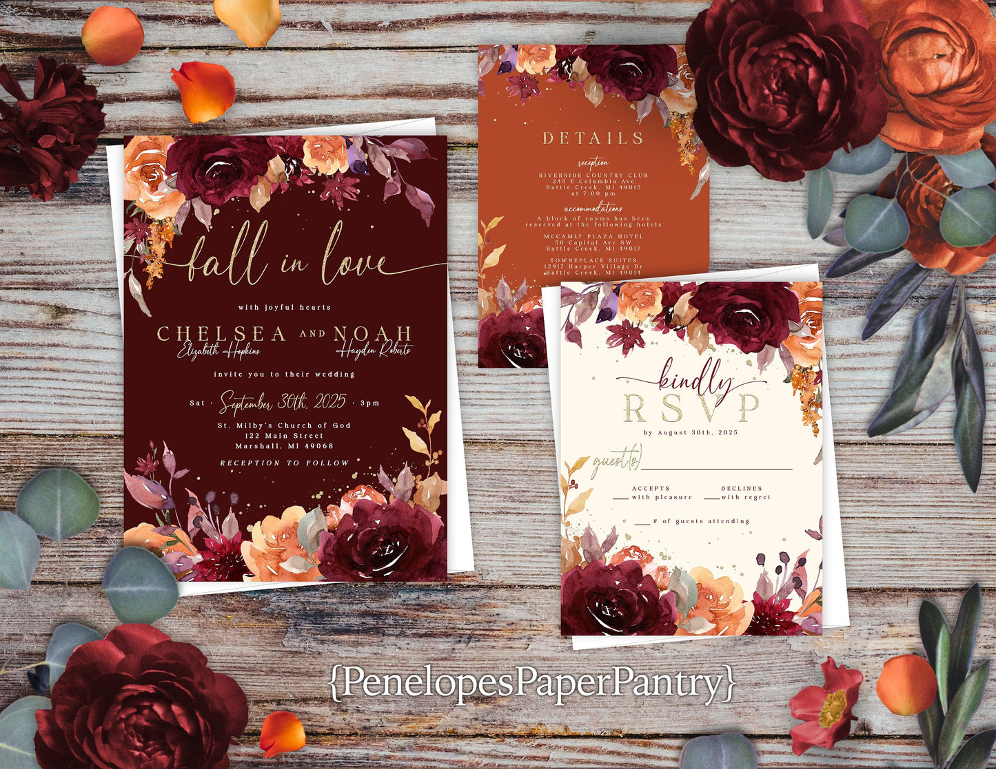 Elegant Fall In Love Floral Wedding Invitation Personalized Burgundy Burnt Orange Ivory Gold Print Shimmery Printed Invitation Envelope Included