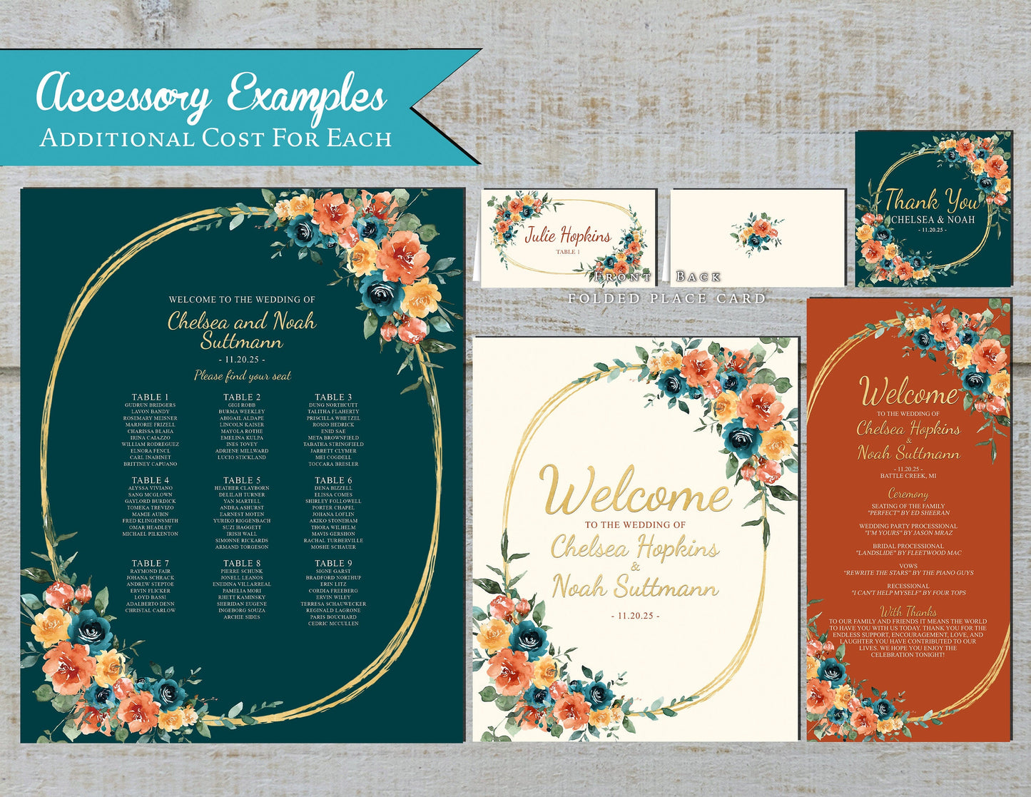 Teal Fall Wedding Invitation – Burnt Orange Ivory Florals & Gold Frame – Personalized Shimmery Printed Invite with Envelopes Included