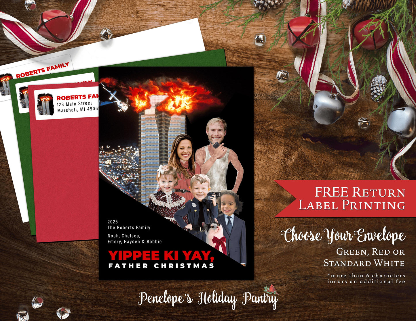 Funny Die Hard Christmas Photo Card – Personalized Yippee Ki Yay Family Holiday Card with Custom Text, Envelopes & Return Address Labels