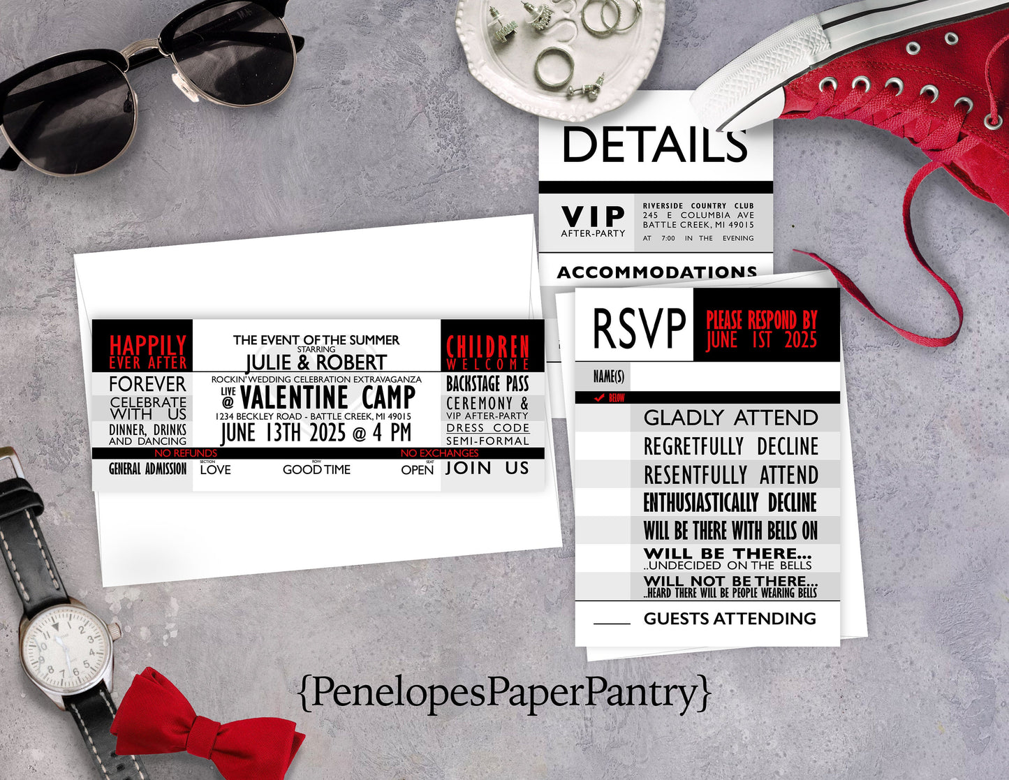 Unique Concert Ticket Wedding Invitation Personalized Rock Pop Jazz Country Heavy Metal Electronic Printed Invitations Envelopes Included
