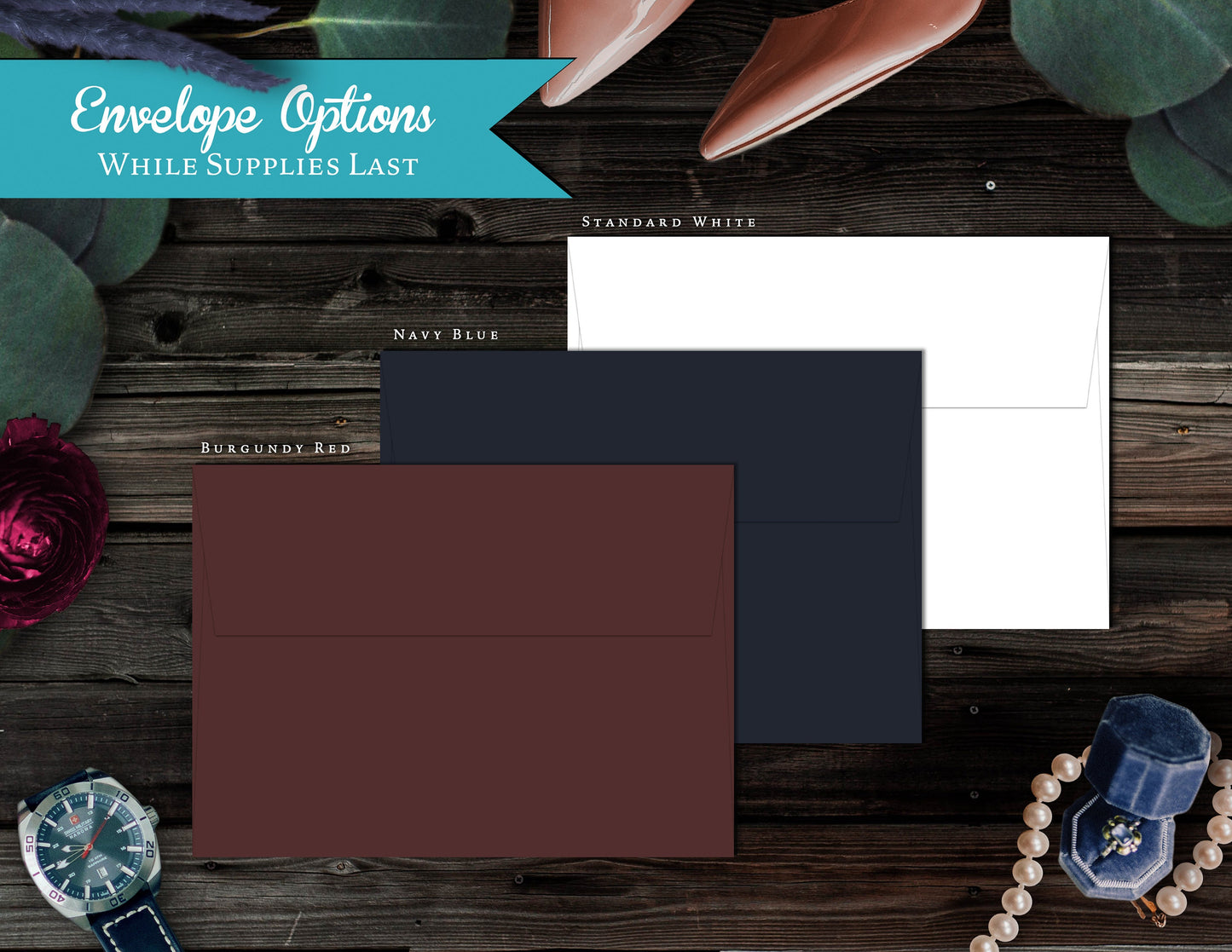 Rustic Navy Floral Fall Wedding Gatefold Invitation – Gold Calligraphy – Personalized Folded Printed Invite with Envelope Included