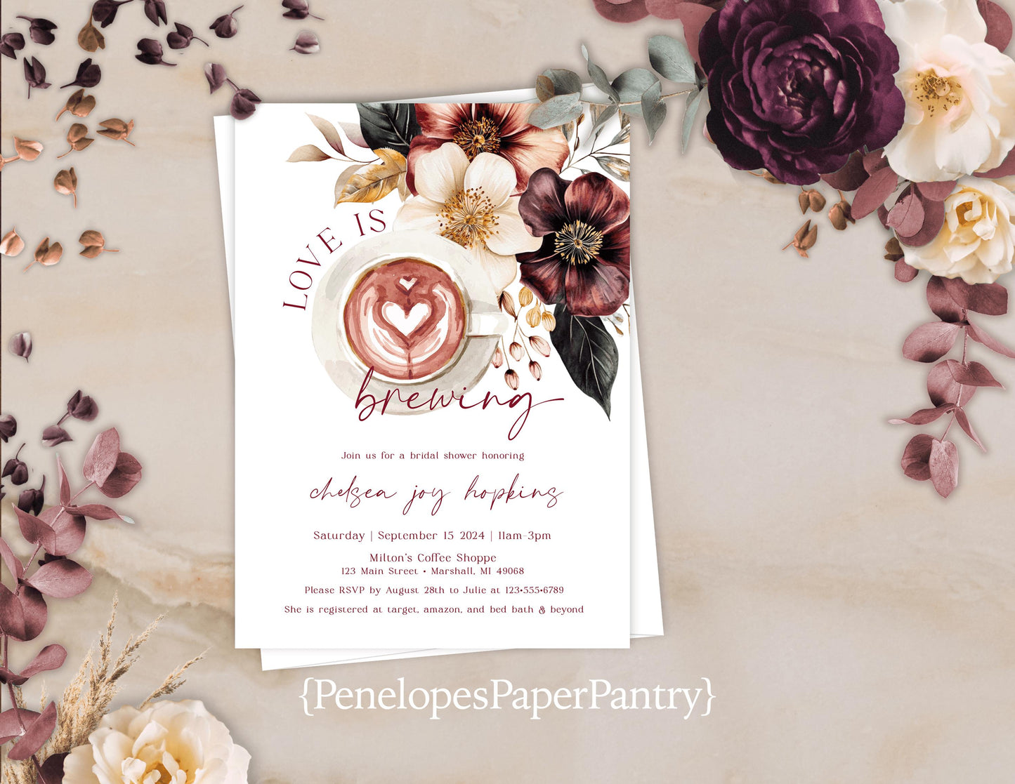 Love is Brewing Floral Bridal Shower Invitations