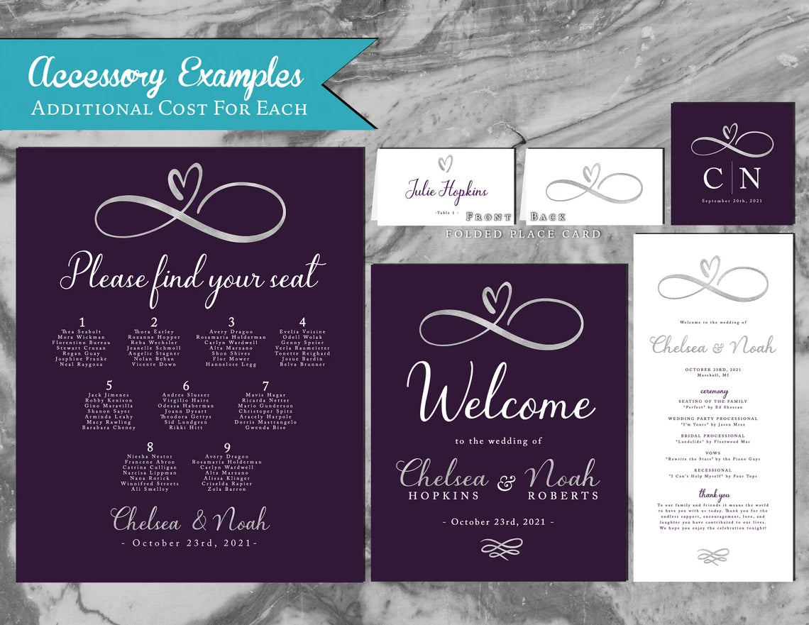 a purple and white wedding suite with a welcome card