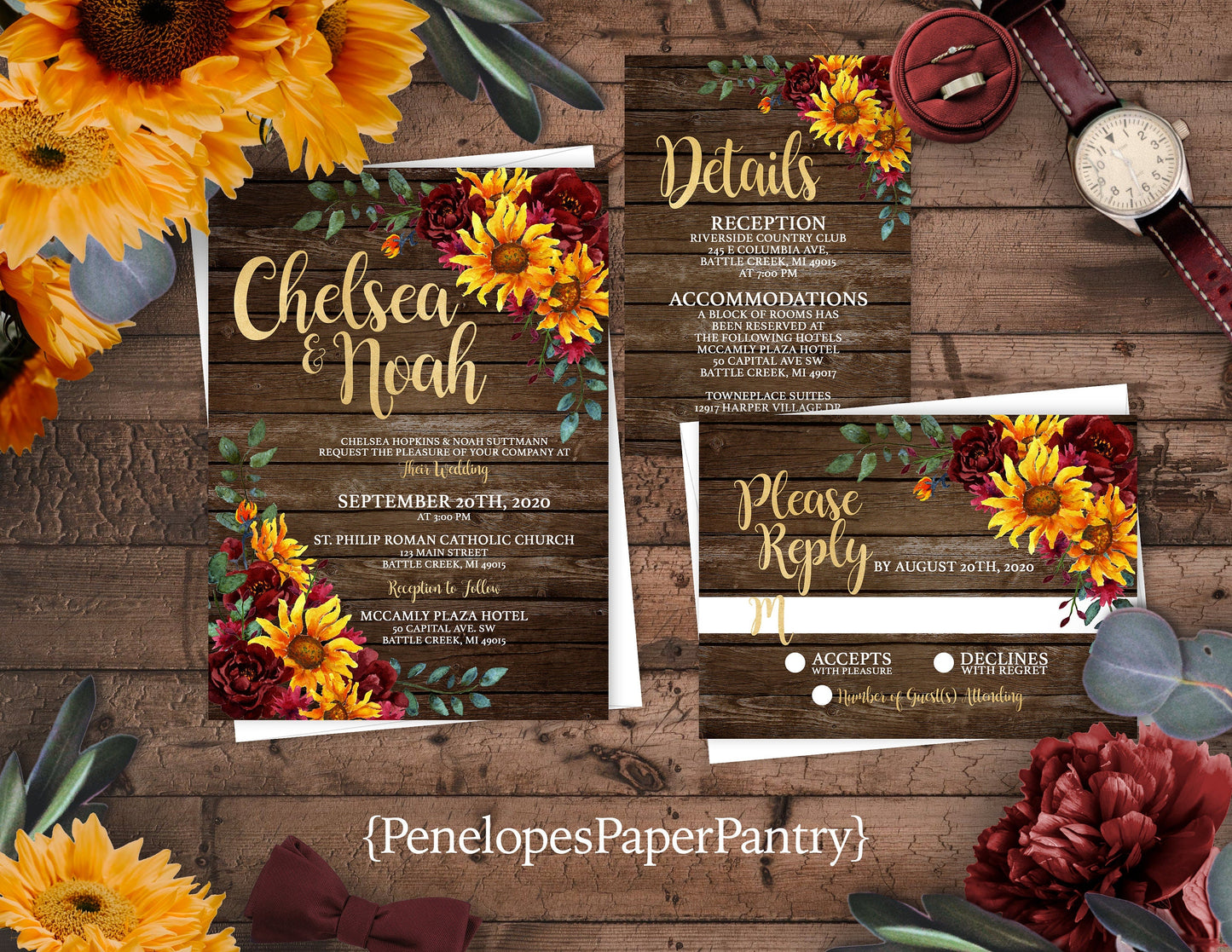 Rustic Fall Wedding Invitation Personalized Sunflowers Burgundy Roses Barn Wood Gold Calligraphy Shimmery Custom Text Printed Invitations Envelopes Included