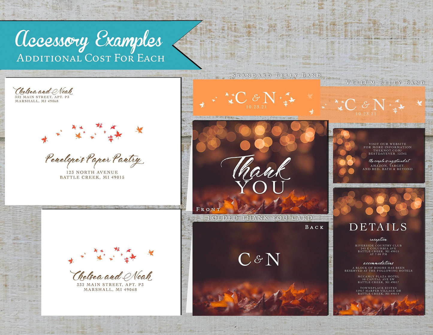 Romantic Fall Wedding Invitation – Burnt Orange Bubble Lights & Autumn Leaves – Personalized Shimmery Printed Invitation with Envelope Included