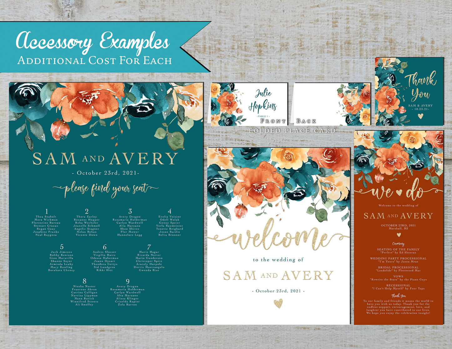 Teal Fall Wedding Invitation – Burnt Orange Florals & Gold Glitter – Personalized Shimmery Printed Invite with Envelopes Included