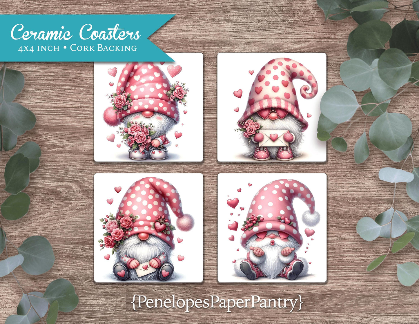 Gnome Set of 4 Ceramic Coasters with Cork Back
