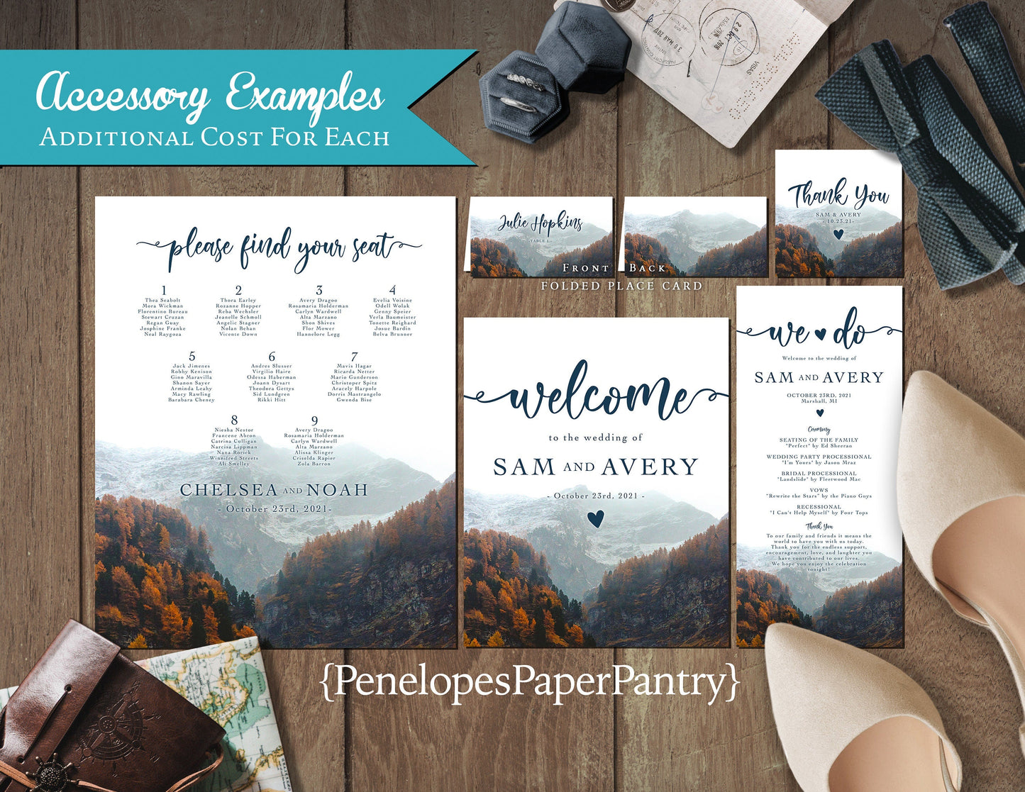 Romantic Mountain Fall Wedding Invitation – Autumn Leaves & Misty Mountains – Personalized “We Do” Printed Invitations with Envelopes Included