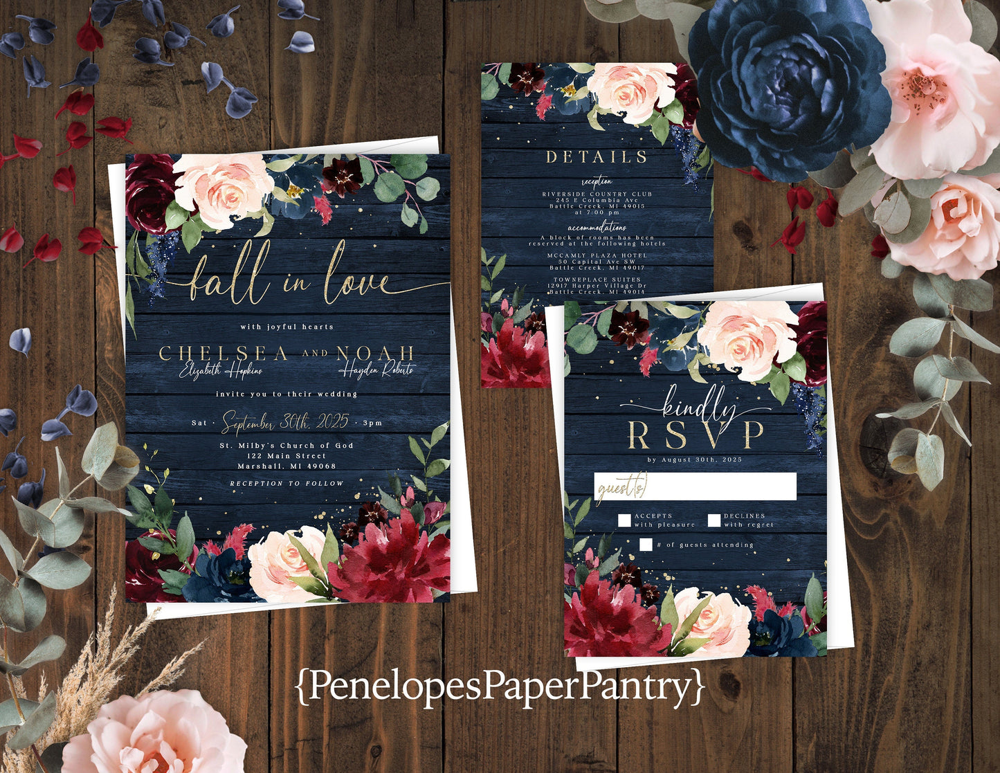 Rustic Navy Floral Fall Wedding Invitation – Burgundy Marsala Blush & Gold – Personalized Barn Wood Shimmery Printed Invite with Envelopes