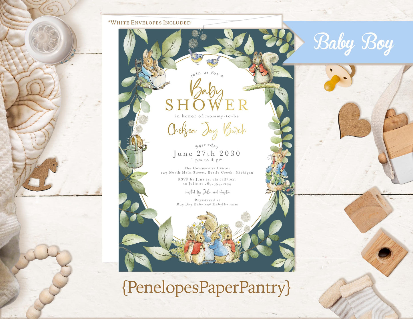 Peter Rabbit Inspired Frame Baby Shower, Gender Reveal, or Sprinkle Invitations