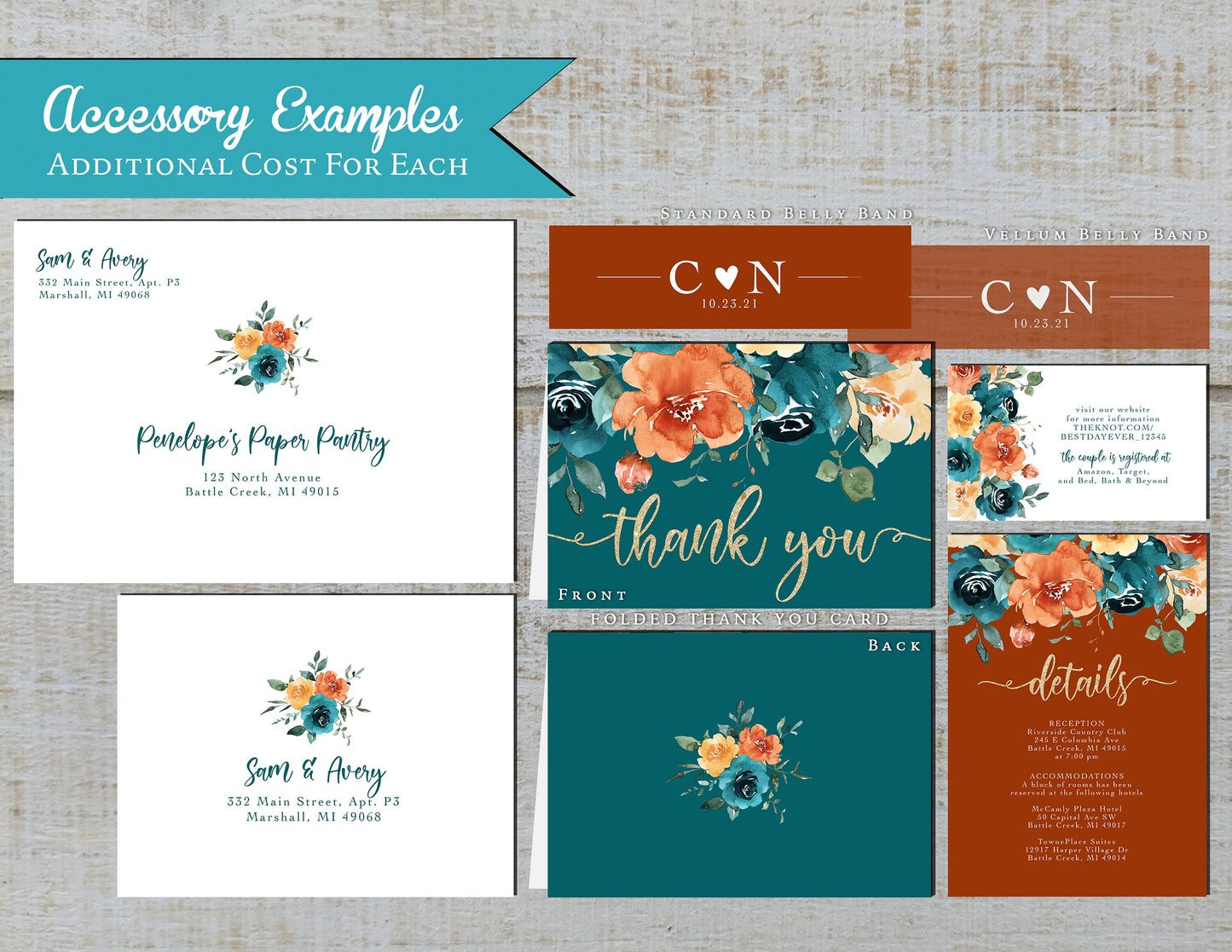 Teal Fall Wedding Invitation – Burnt Orange Florals & Gold Glitter – Personalized Shimmery Printed Invite with Envelopes Included