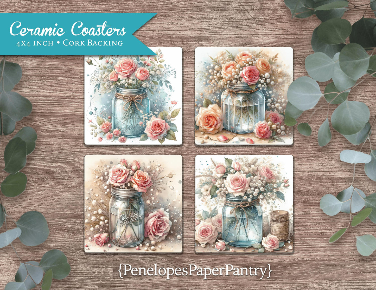 Farm Florals Set of 4 Ceramic Coasters with Cork Back