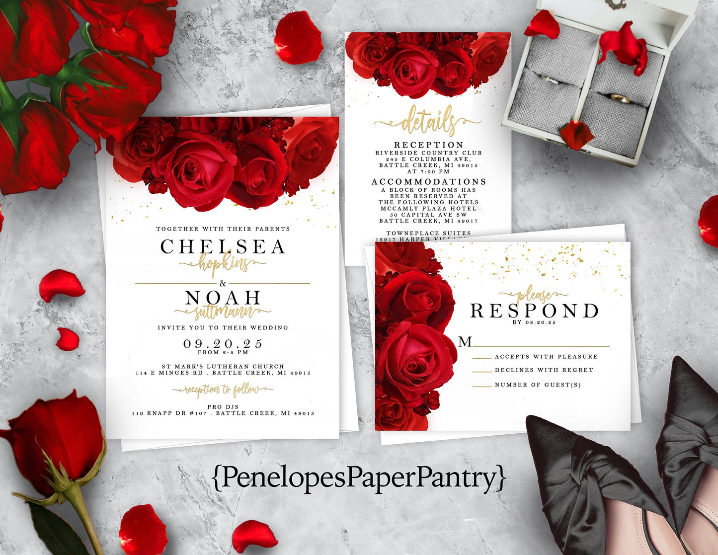 Elegant Red Rose Wedding Invitation – Rose Bouquet, Gold Calligraphy, Shimmery Custom Printed with Envelopes Included