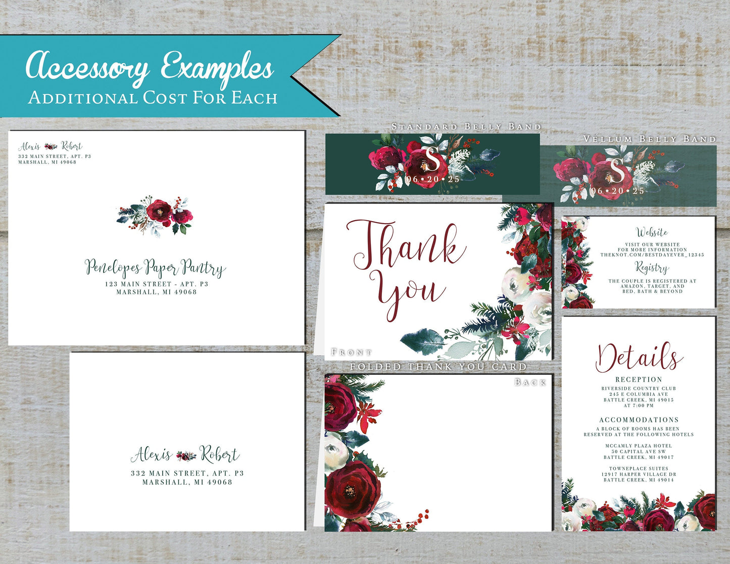 Elegant Winter Wedding Invitation – Red & Green Floral – Shimmery Printed Invite with Calligraphy & Envelopes
