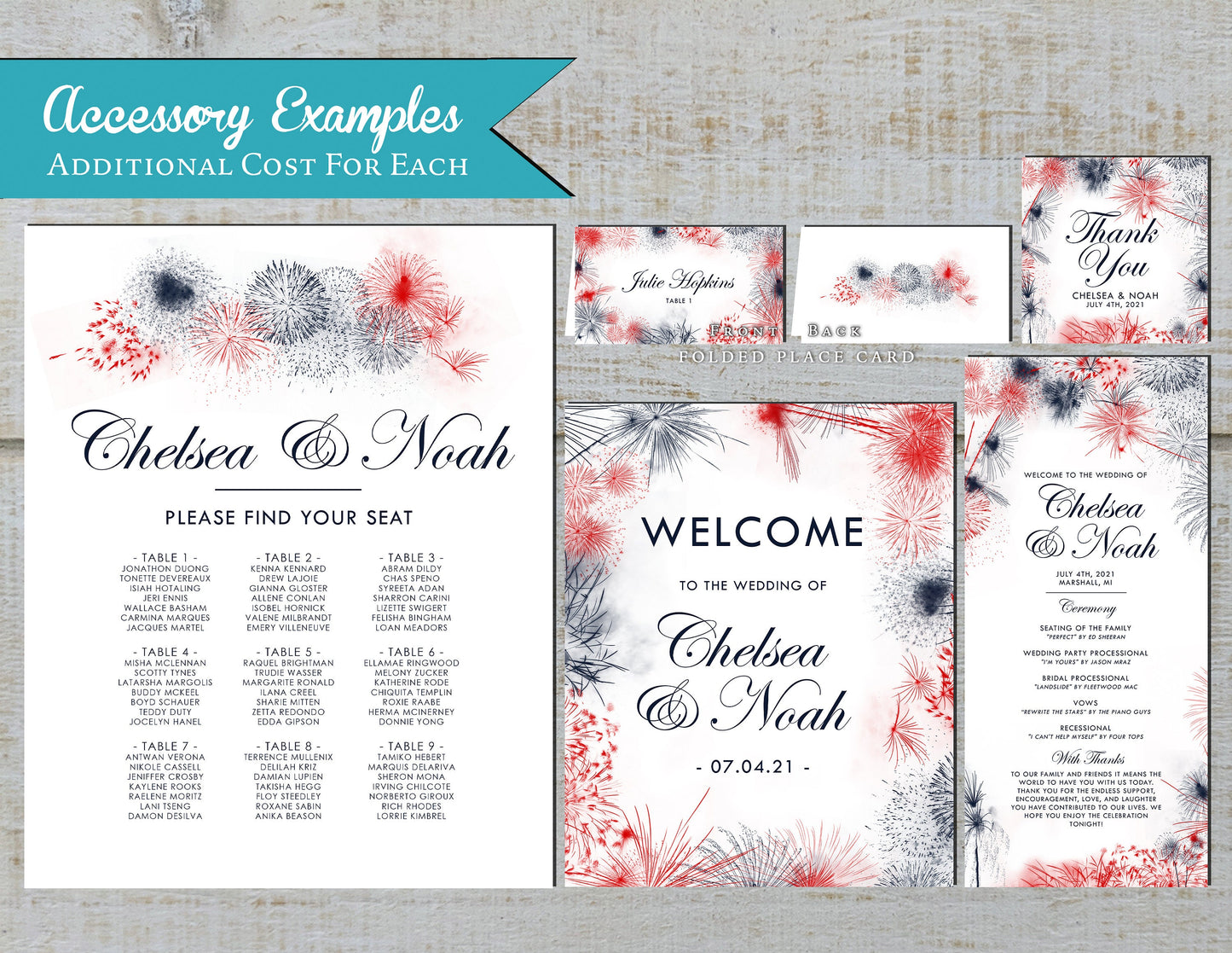 Elegant 4th of July Wedding Invitation Personalized Red White and Blue Firework Patriotic Shimmery Printed Invitation With Envelope Unique