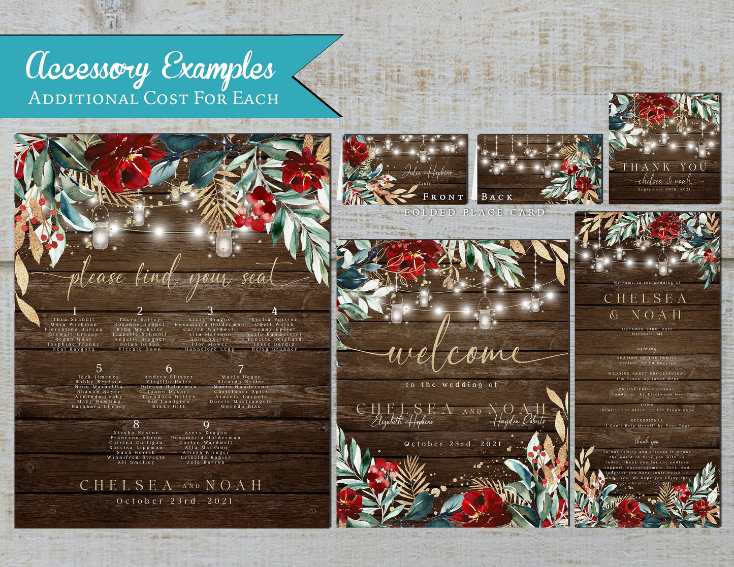Rustic Winter Wedding Invitation – Barn Wood, Green & Red, Fairy Lights, Gold Print, Custom Printed with Envelopes Included