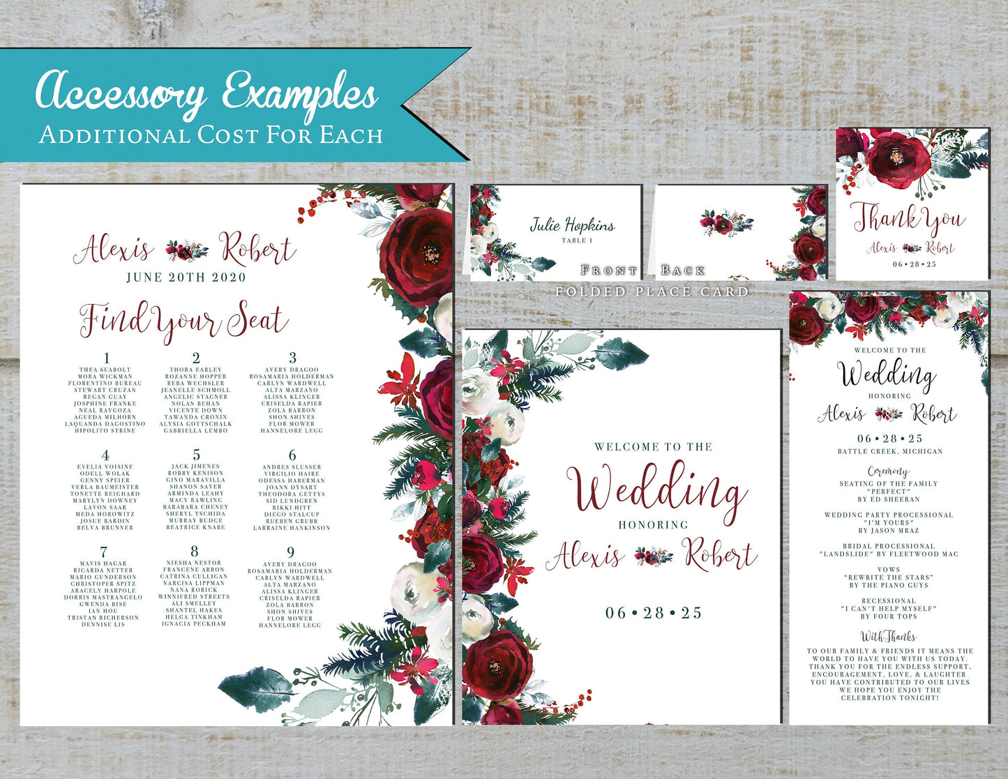 Elegant Winter Wedding Invitation – Red & Green Floral – Shimmery Printed Invite with Calligraphy & Envelopes