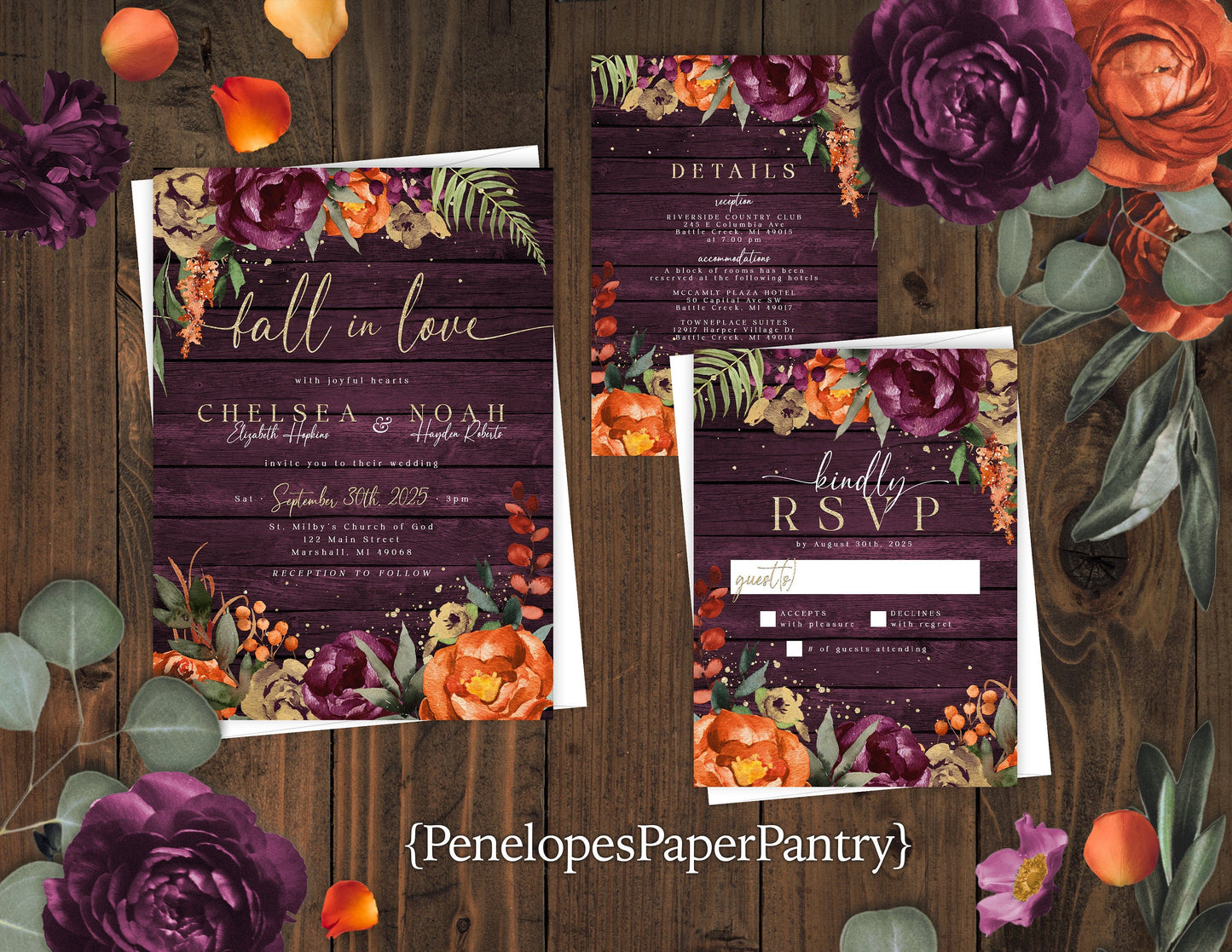 Rustic Purple & Orange Fall Wedding Invitation – Plum, Burnt Orange & Gold Print – Personalized Shimmery Printed Invitation with Envelope Included
