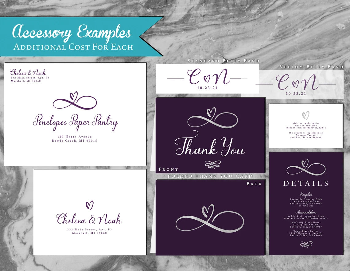a set of wedding stationery with a purple and white theme