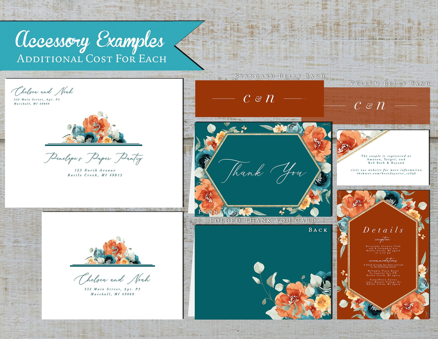 Teal Fall Wedding Invitation – Burnt Orange, Rust & Gold Frame – Personalized Shimmery Printed Invite with Envelopes Included