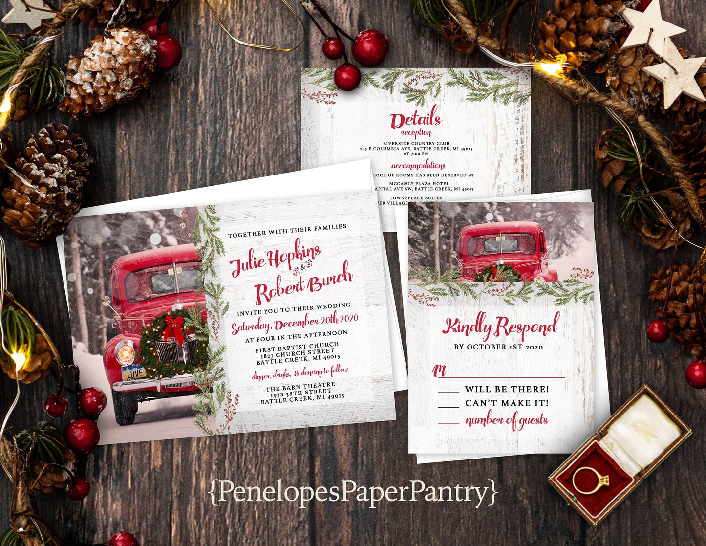 Rustic Winter Wedding Invitation – Vintage Red Truck, White Barn Wood, Wreath, Snow, Custom Printed with Envelopes Included