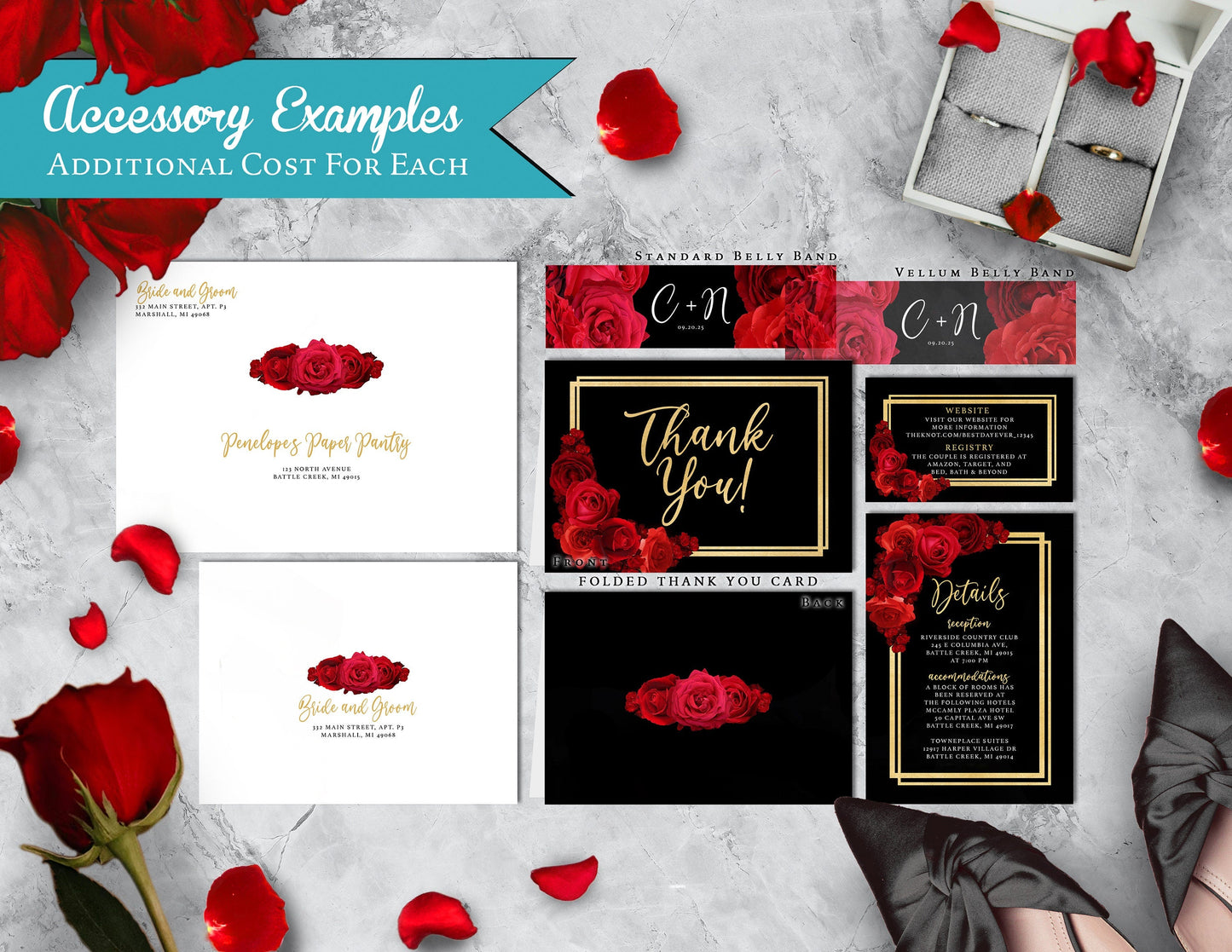 Red Florals with Black Background Rose Wedding Invitation, Set, or Suite